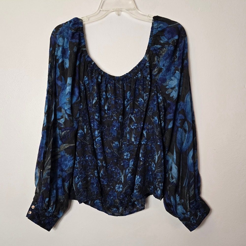 Cupio Womens XL Blue Black Floral Off‎ Shoulder Balloon Sleeve Blouse CUTP05079M